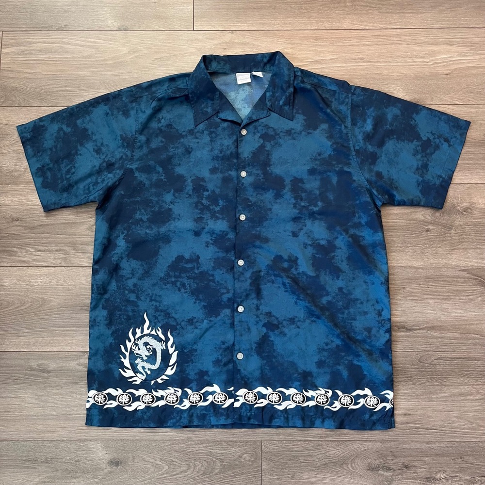 Utility Mens XL Blue Tie Dye Dragon Graphic Button Down Shirt Y2K Streetwear